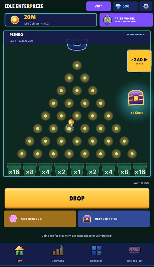 The Plinko room: a ball bouncing down the pegboard towards the payout buckets
